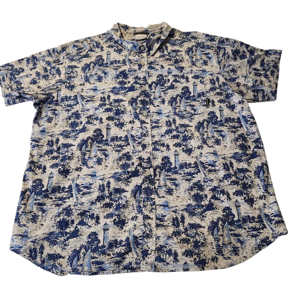 Columbia Rapid Rivers Mens XXL SS Button Down Shirt Blue Nautical Sailboat Print